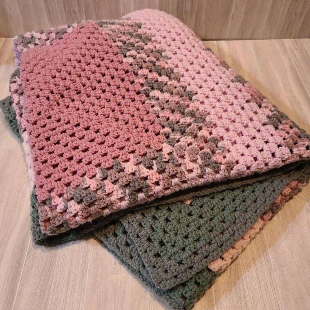 Handmade Crochet Throw Blanket Pink Grey Acrylic Afghan Coverlet Square 66x66